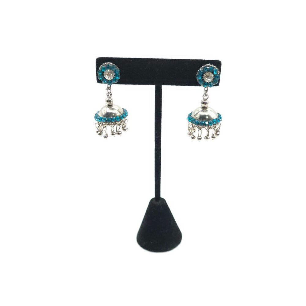Blue Rhinestone Silver-Tone Dangle Earrings With Jhumki Design